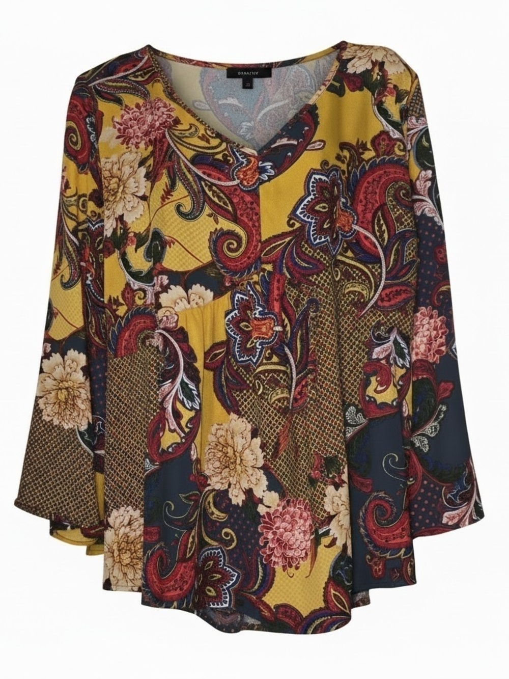 Unique Spectrum Vintage Boho Mustard Multi Paisley Floral V-Neck Tunic Size 1x